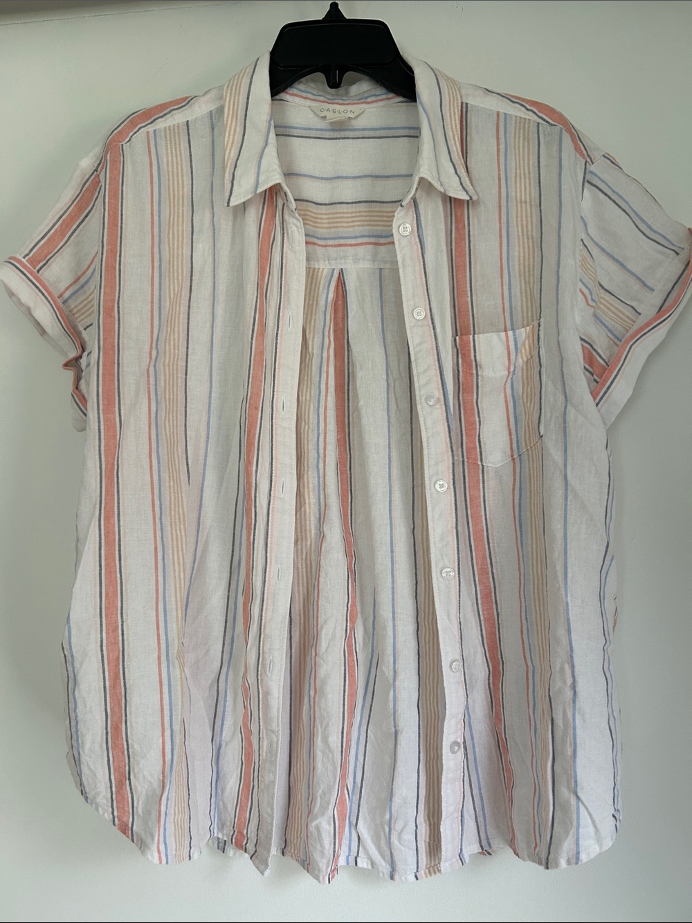 Caslon White Short-Sleeve Button-Down Shirt with Coral, Tan & Blue Stripes